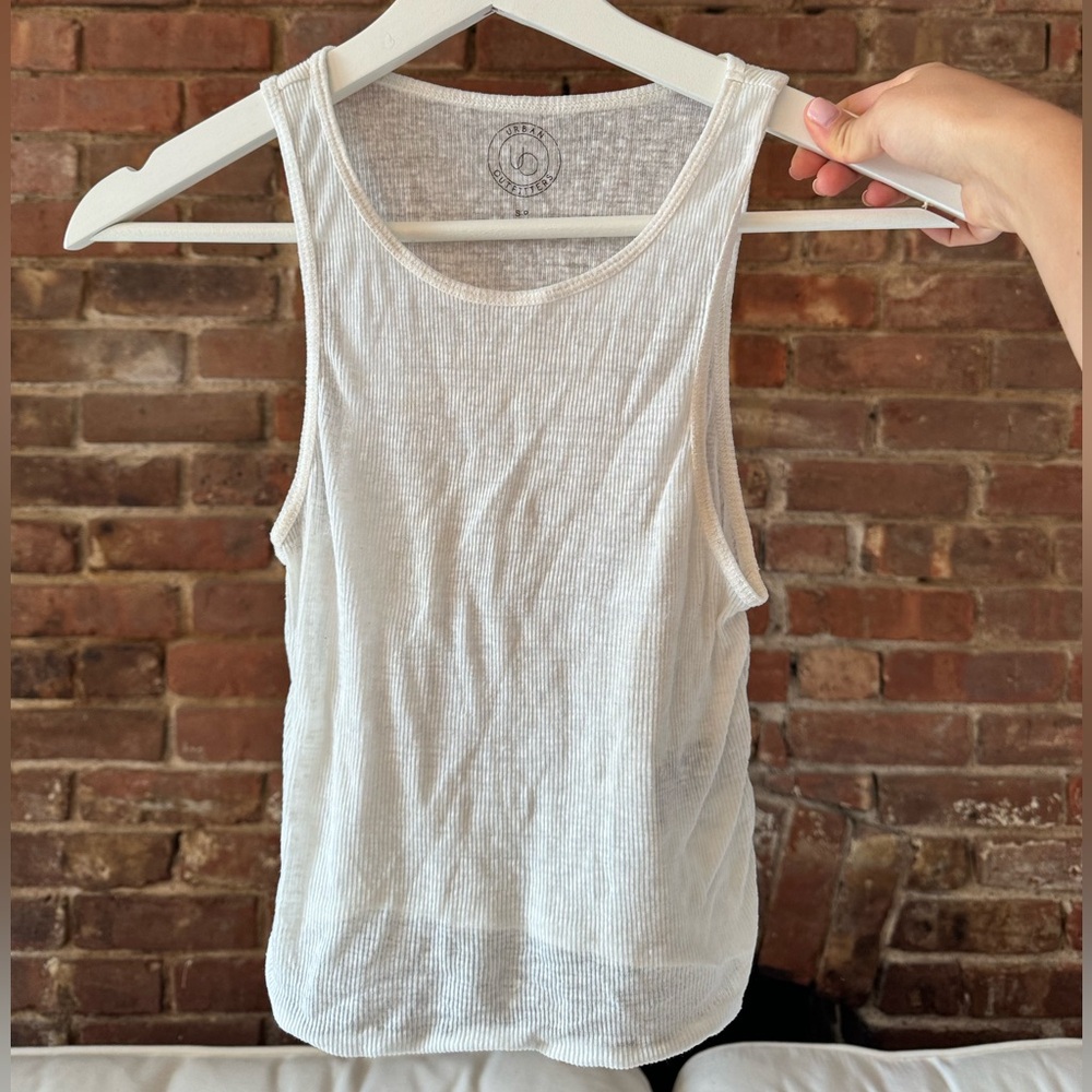 OU sheer white tank top. Size S. Used, some stains.